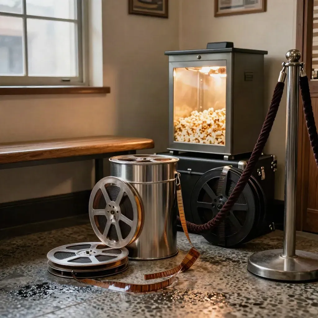 Bobina di pellicola e lattine film in un foyer di cinema elegante, luce calda sul terrazzo bagnato.