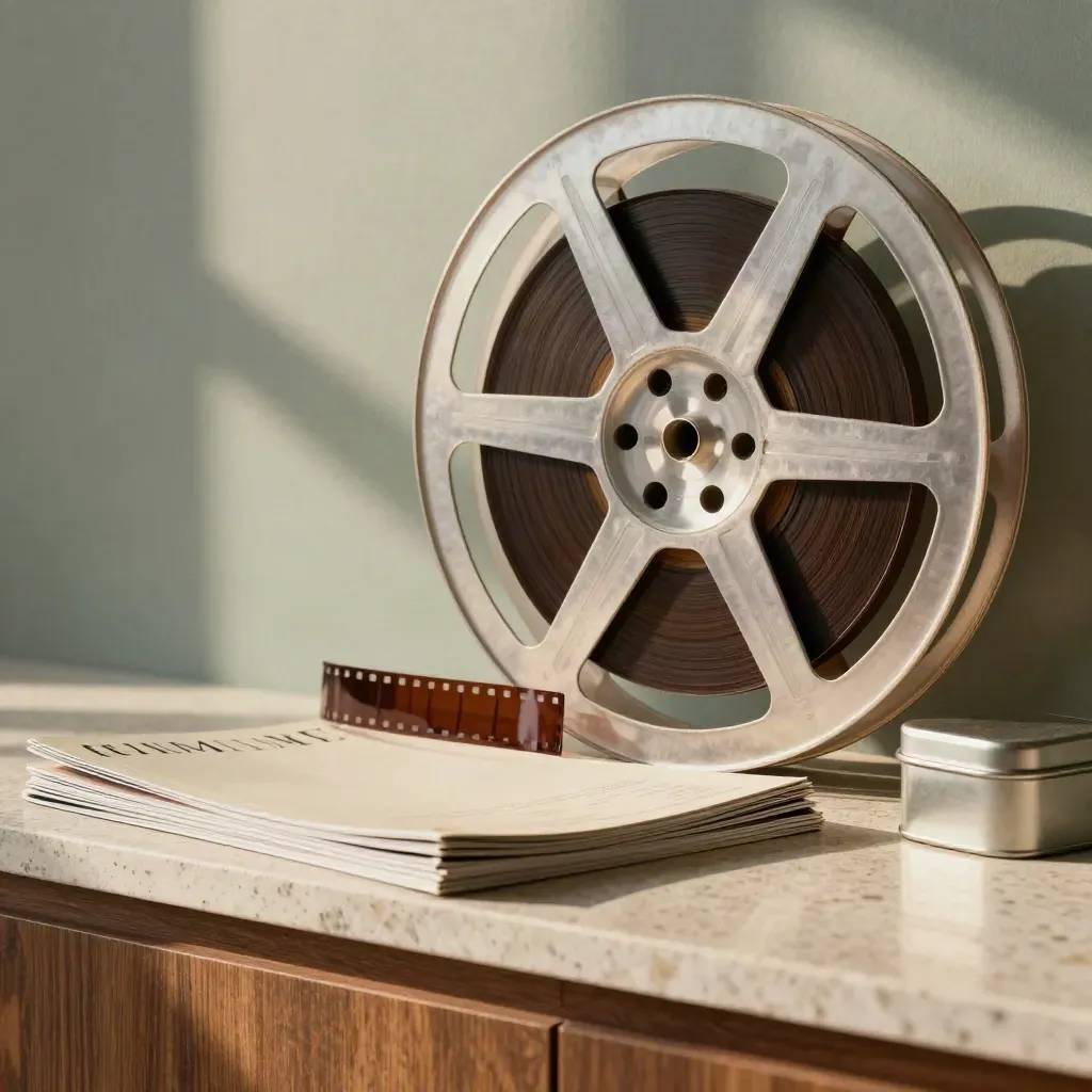 Bobina di pellicola 35mm con riviste di cinema e archivio su travertino caldo.