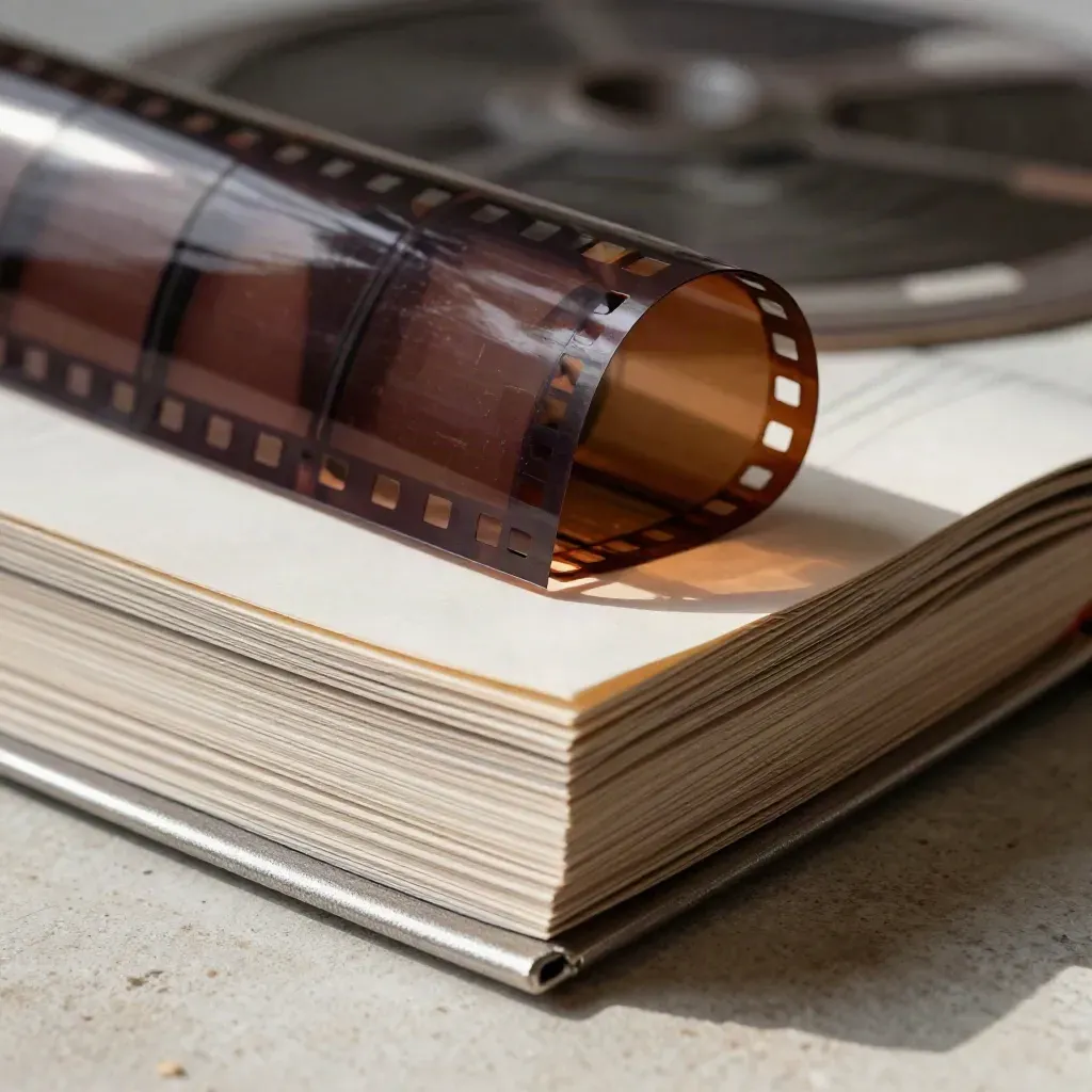 Primo piano di pellicola e pagine di rivista di cinema su superficie chiara e calda.