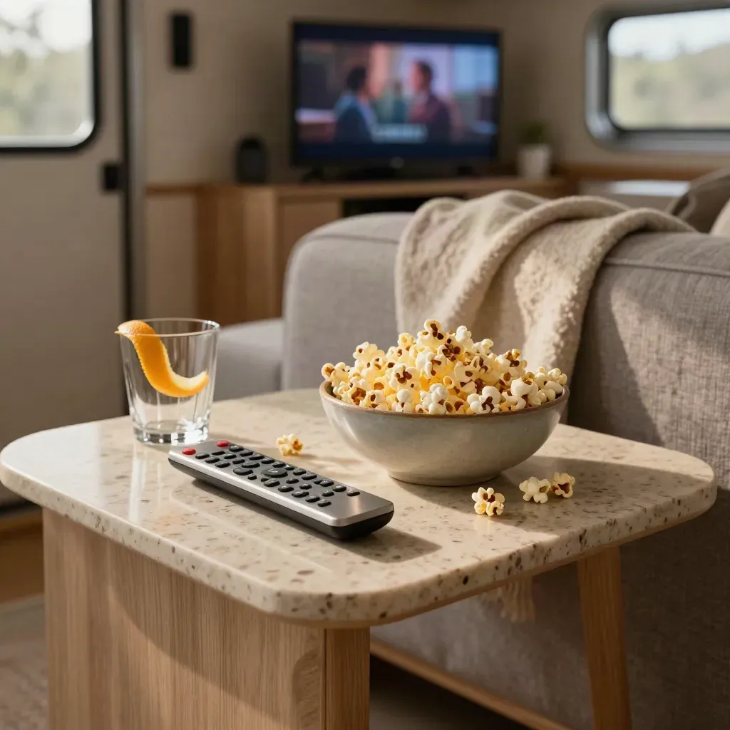 Salotto caldo con telecomando, popcorn e TV sfocata in una scena da trailer da vedere.