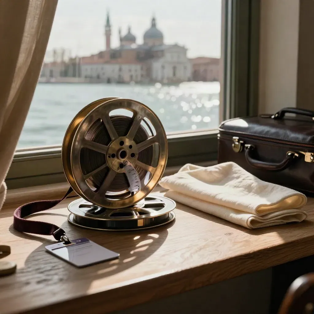 Essentials del festival di Venezia su un davanzale con laguna sfocata sullo sfondo.
