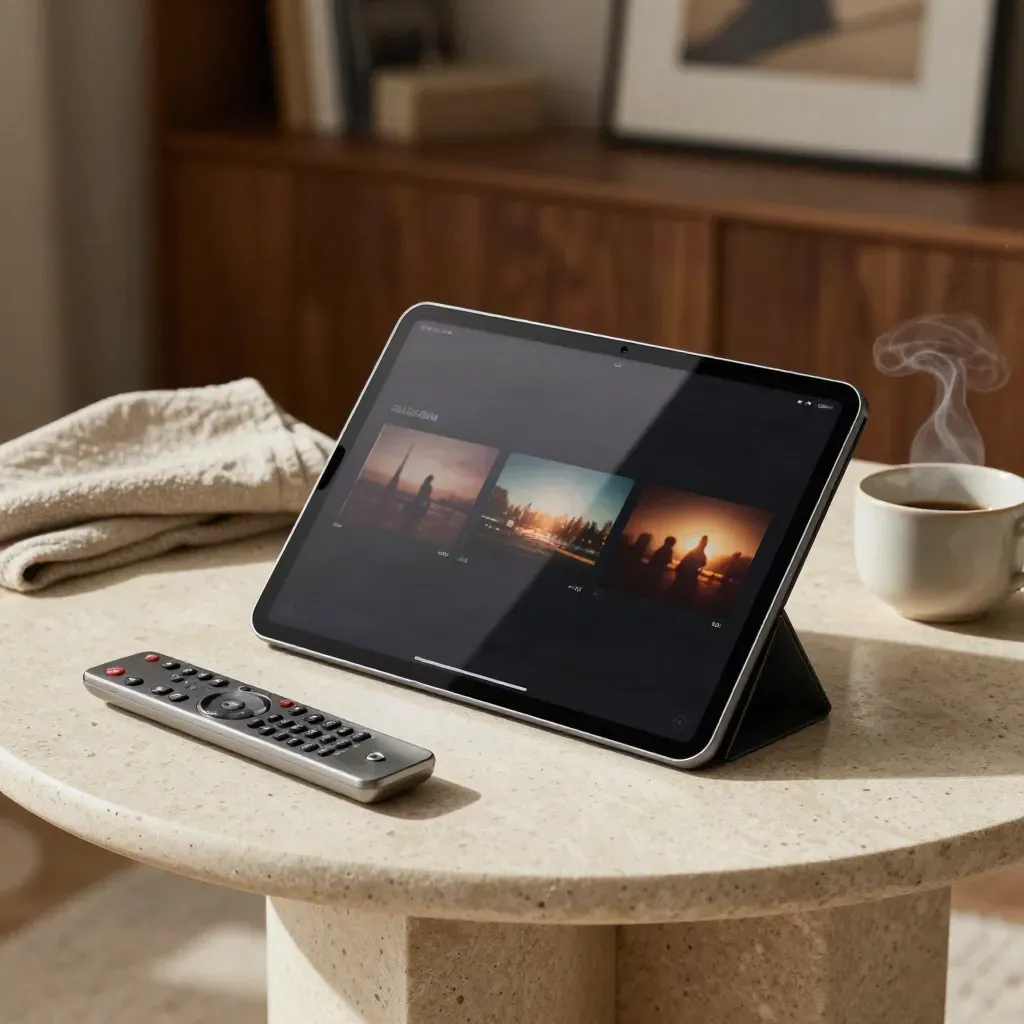 Tablet con tre anteprime di trailer su tavolino in travertino, luce calda da finestra.