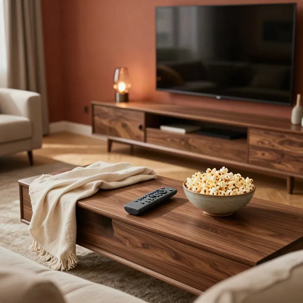 Soggiorno caldo con telecomando, popcorn e luce del pomeriggio per una serata streaming.