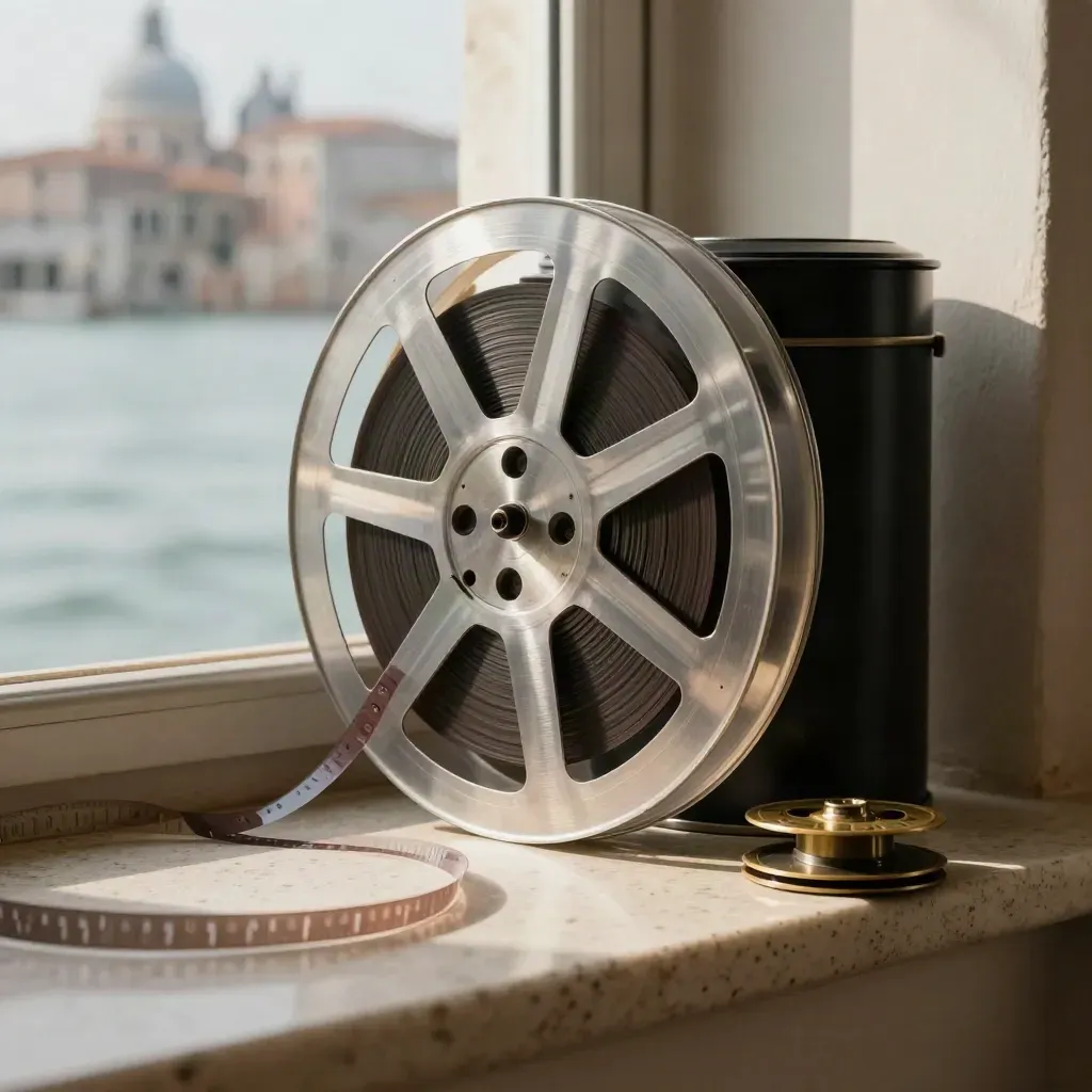 Mulinello di pellicola su travertino, luce calda e sfondo sfocato da palazzo veneziano.