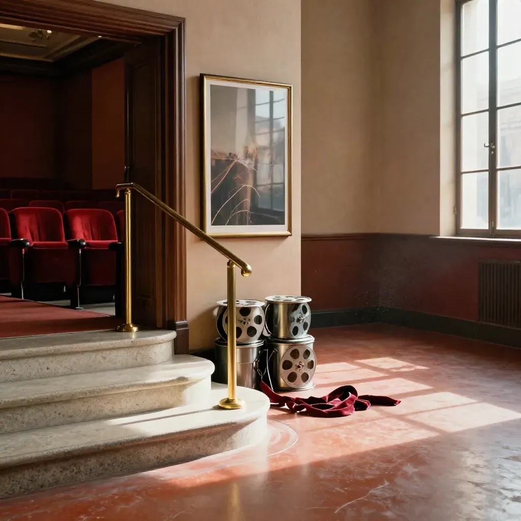 Foyer di cinema romano con luci calde, sedute rosse e dettagli in travertino