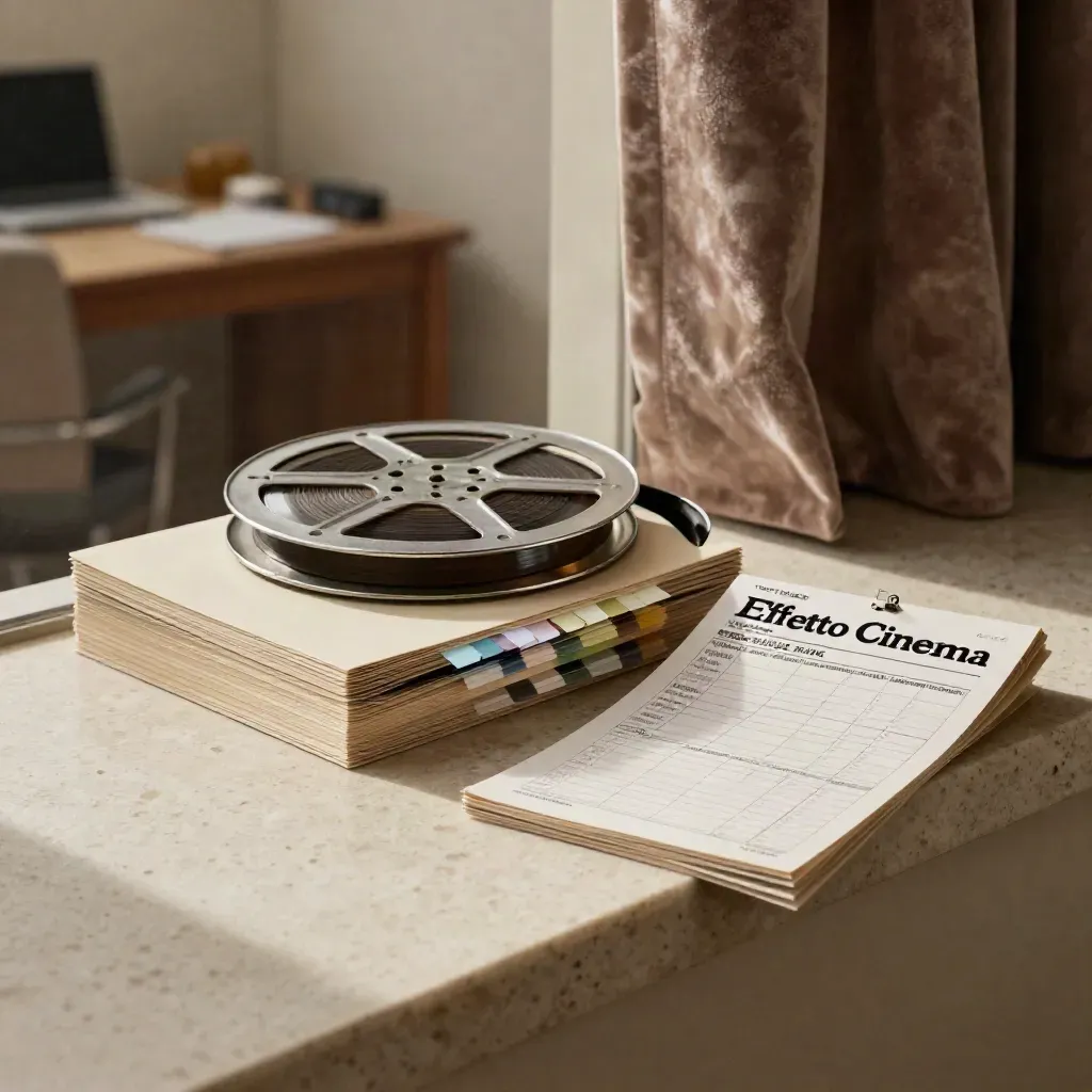 Kit stampa cinema, bobina e schede calendario su travertino, luce calda e morbida.