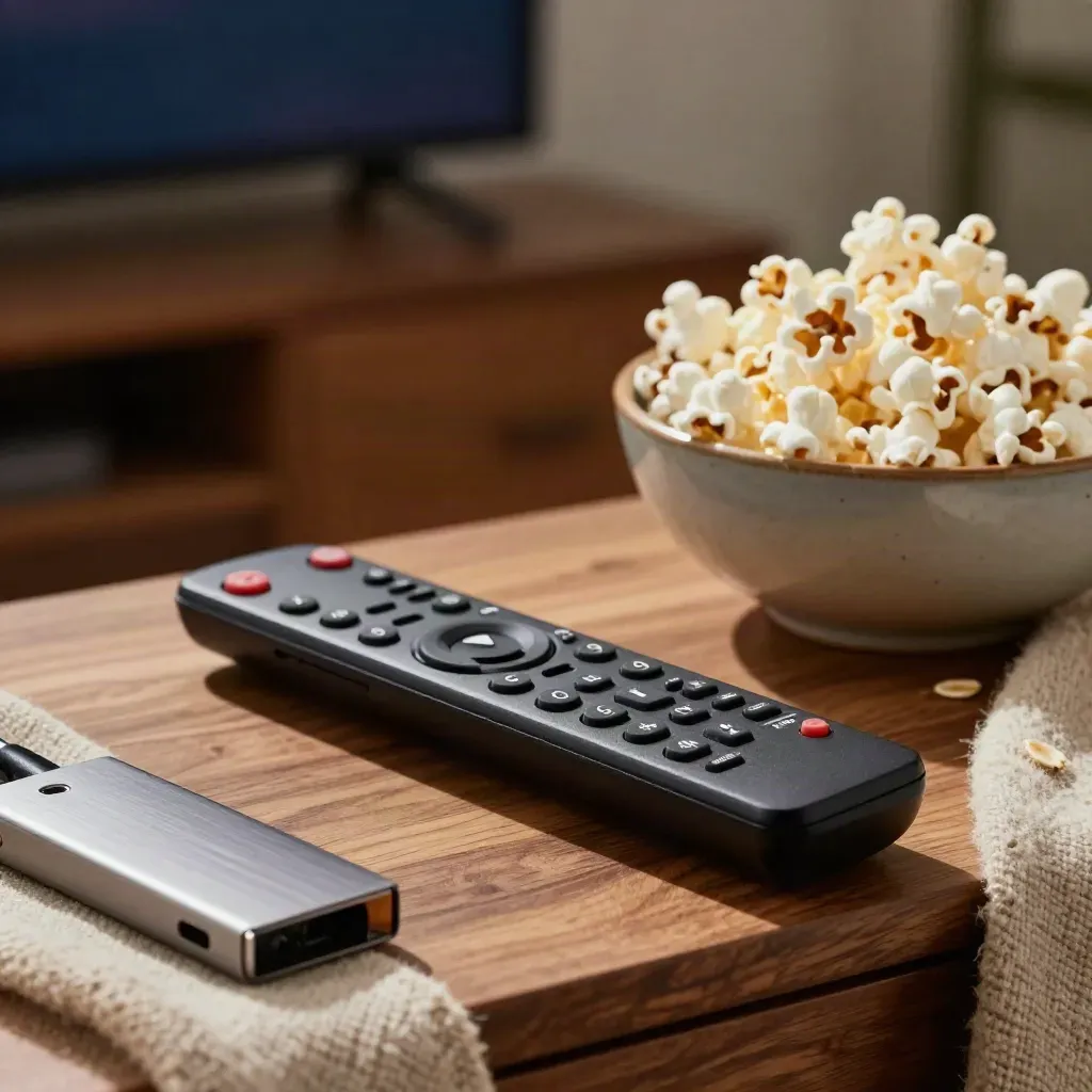 Primo piano di telecomando streaming, popcorn e plaid su mobile in legno.