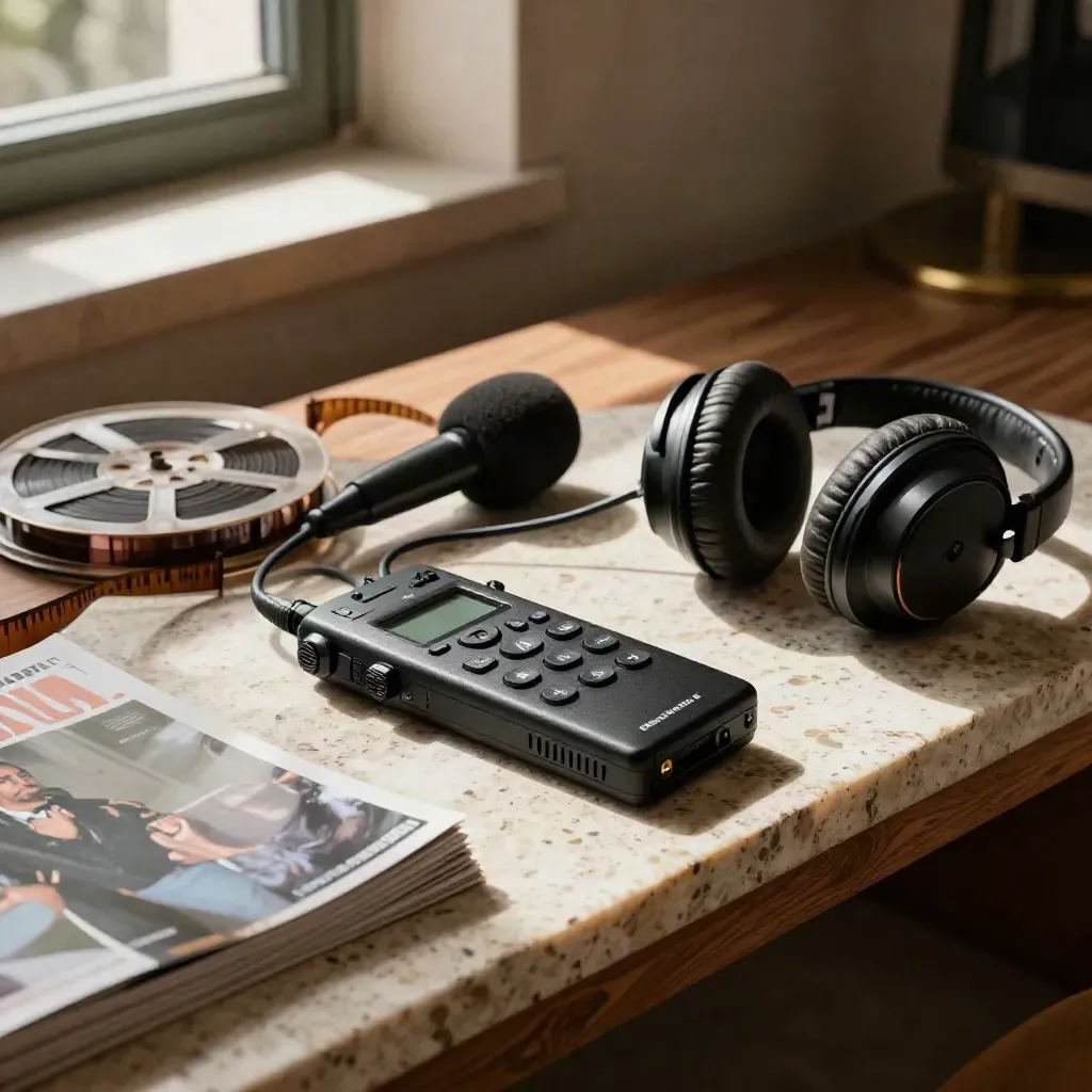 Registratore audio, cuffie e pellicola su travertino in un lounge cinematografico caldo