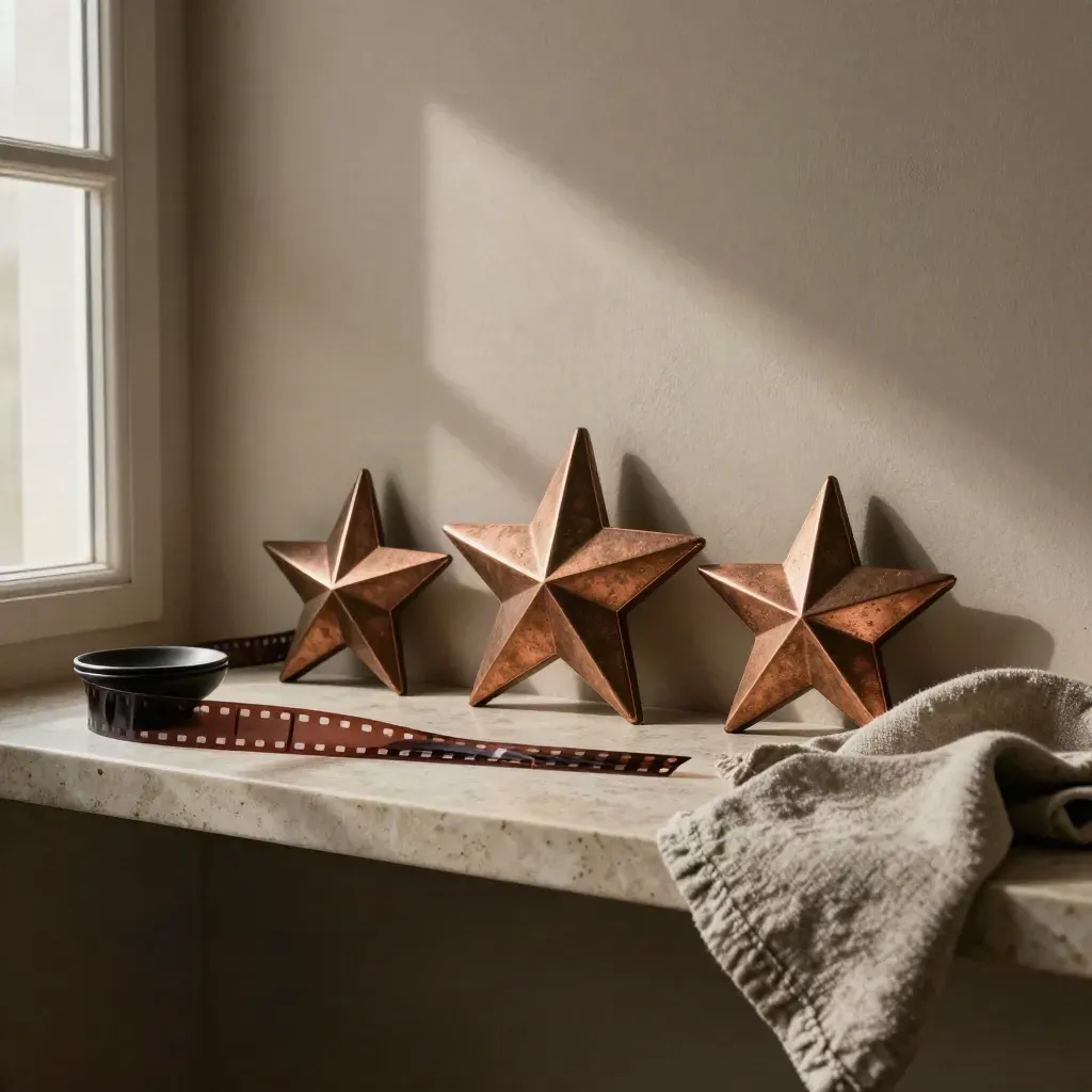 Stelle in bronzo con pellicola e lino su mensola in travertino, luce morbida.