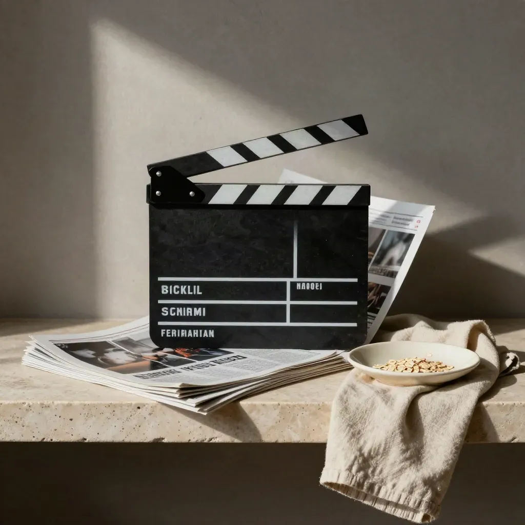 Clapperboard, riviste di cinema e fogli stampa su una mensola di pietra, luce morbida