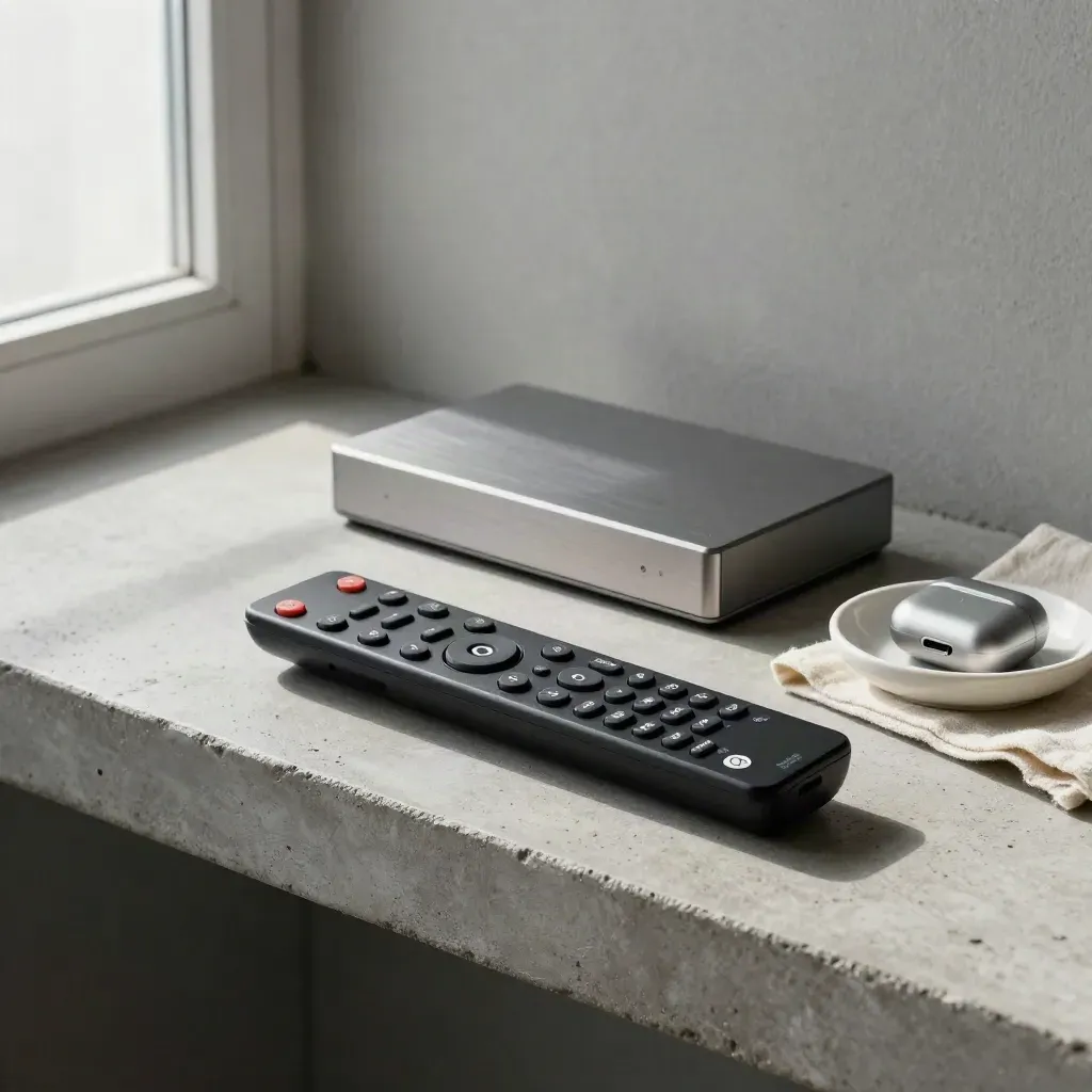 Telecomando streaming, box media e lino su mensola di pietra, luce morbida.